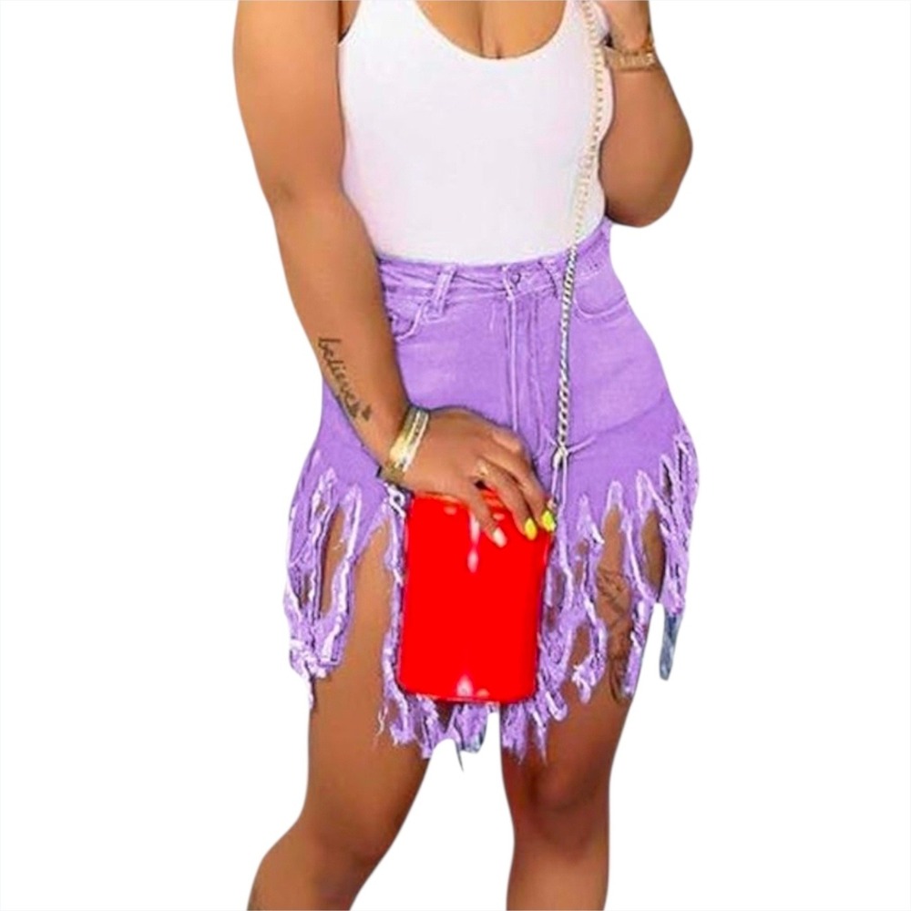 Denim Shorts Womens Large Purple New High Waisted Shredded Fringe Tassel - Picture 2 of 3